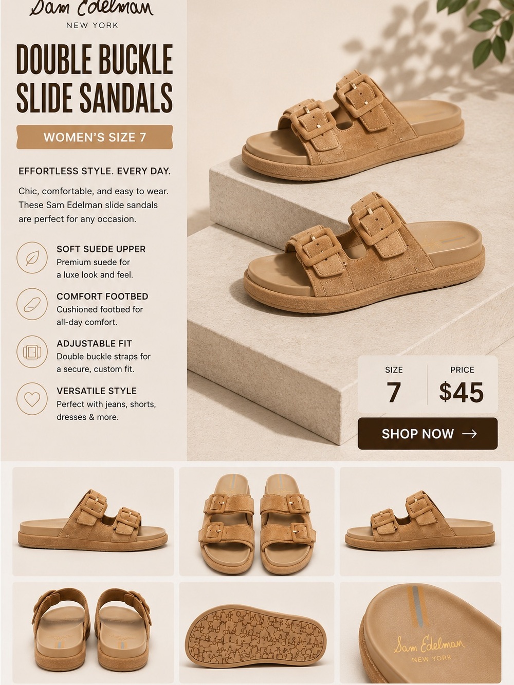 Sam Edelman Tan Double Buckle Slide Sandals